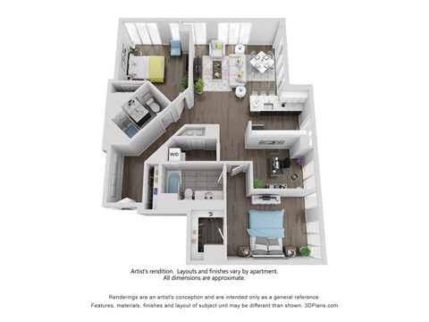 Floor plan for 2 beds, 2 baths, 1363 sqft